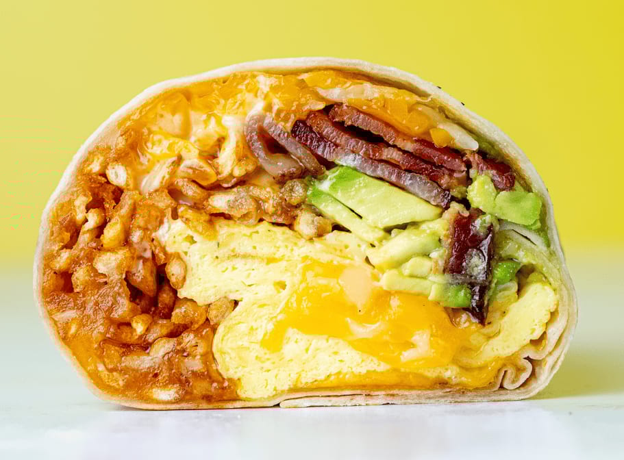 Eggs, Bacon, & Avocado Burrito.