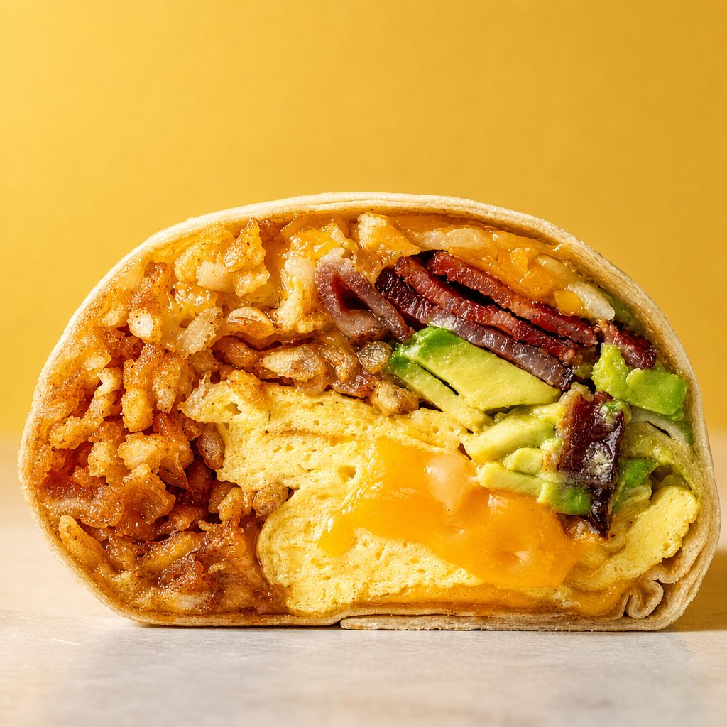 Eggs, Bacon, & Avocado Burrito.